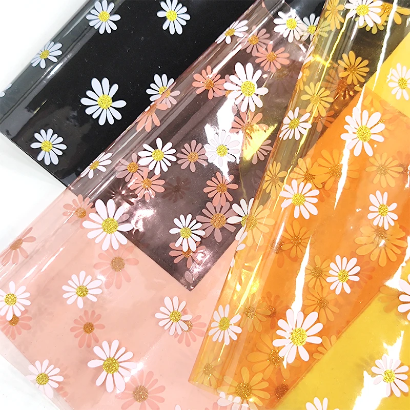 

Transparent PVC Daisy Flower Printed Colored Soft Plastic Film Fabric for Making Notebook Covers Protector DIY Craft 30x135cm