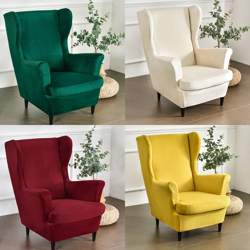 

Velvet Kingback Wing Chair Cover Stretch Armchair Cover Solid Color Sofa Covers With Seat Cushion Cover Ottoman Footstool Covers