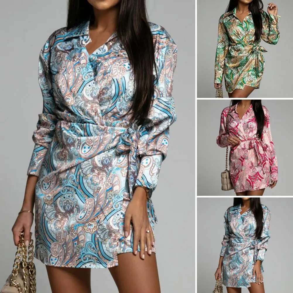 

Женское мини-платье с отложным воротником, V-образным вырезом и длинным рукавом, платье-рубашка на шнуровке с принтом в стиле ретро, женская ...