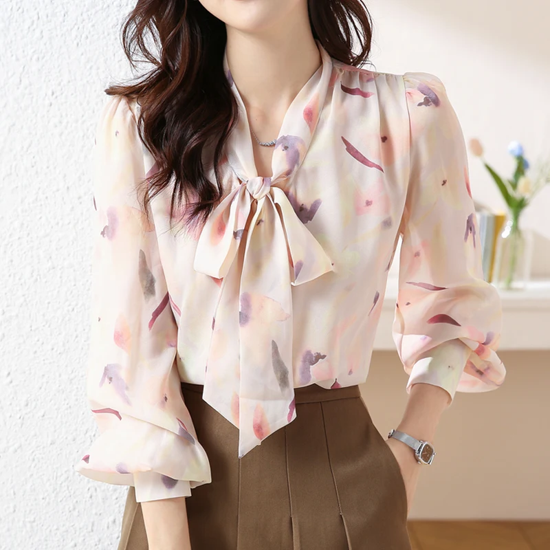 

New Korean Style Clothes Loose Puff Sleeve Chiffon Women Shirts with Bow Women Elegant Blouses Floral Buttons Tops Blusas 24542