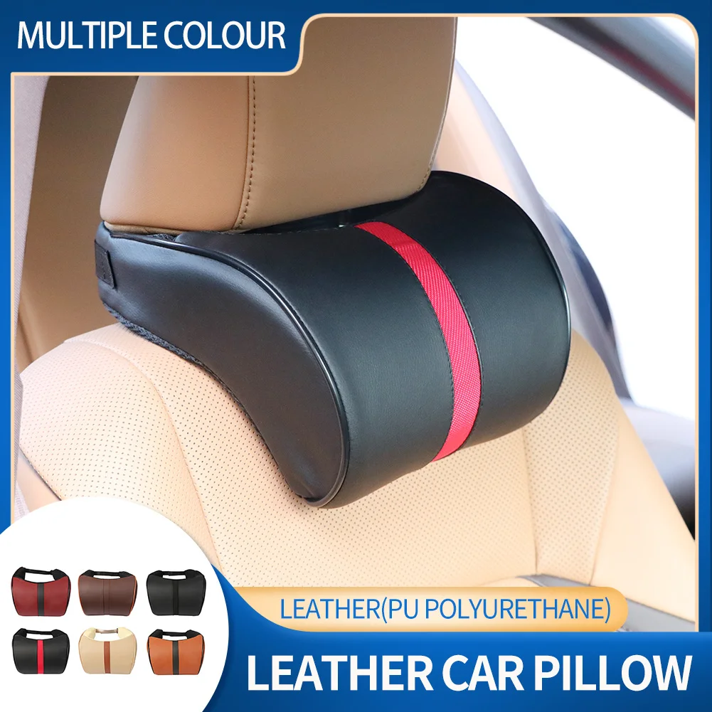 Car Seat Neck Pillow Car Leather Memory Foam Massage Pillow Seat Head Neck Head Rest Cushions Travel Interior Car Accessories images - 6