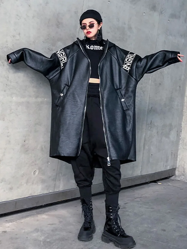 XITAO Letter  Faux Leather Women Fashion New 2019 Autumn Pocket Elegant Goddess Fan Hooded Collar Loose Coat ZLL4442