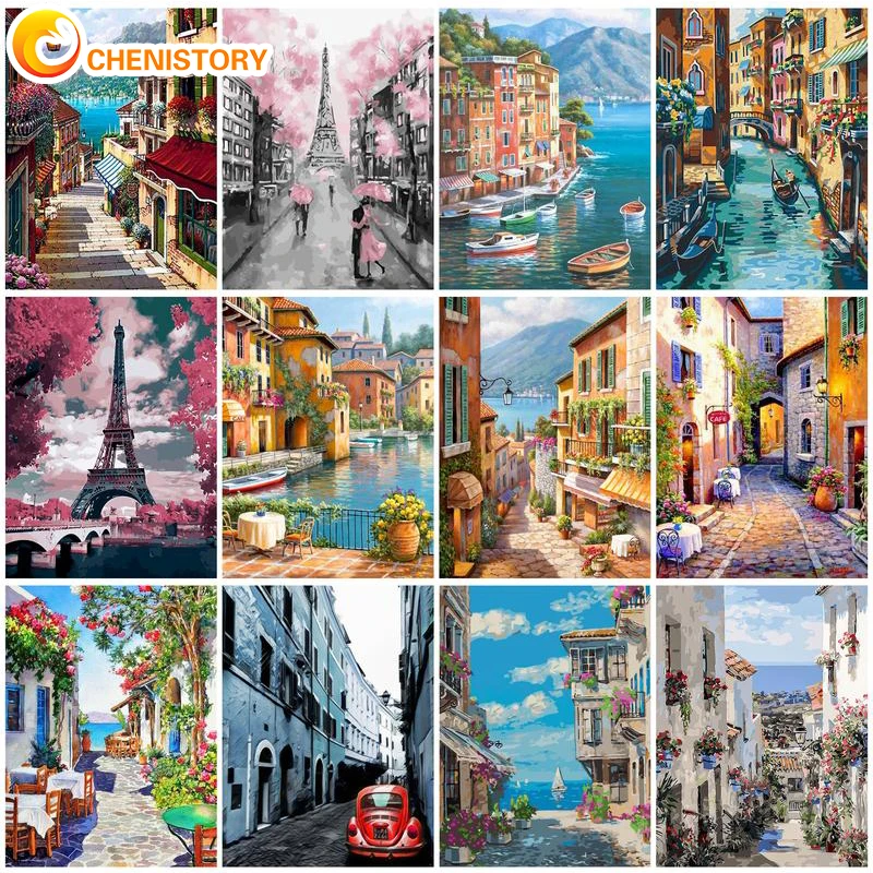 

CHENISTORY Frame Painting By Numbers Kits Town Landscape Modern Drawing Coloring By Numbers For Diy Gift Wall Art Picture Artwor