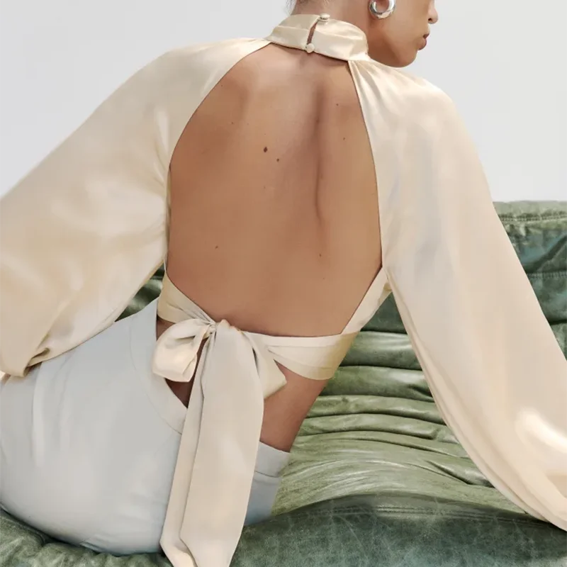 

2022 New Women Sexy Backless Silk Shirt tops Lantern Sleeve High Collar Women Street Fashion Spice Girls blouse