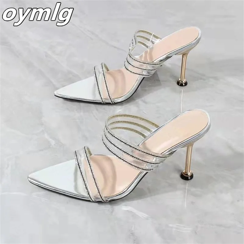 

New Outer Size One Word Rhinestone Fashion High Heel Slippers Women's Pointed Toe Stiletto Heel Sandals And Slippers pumps
