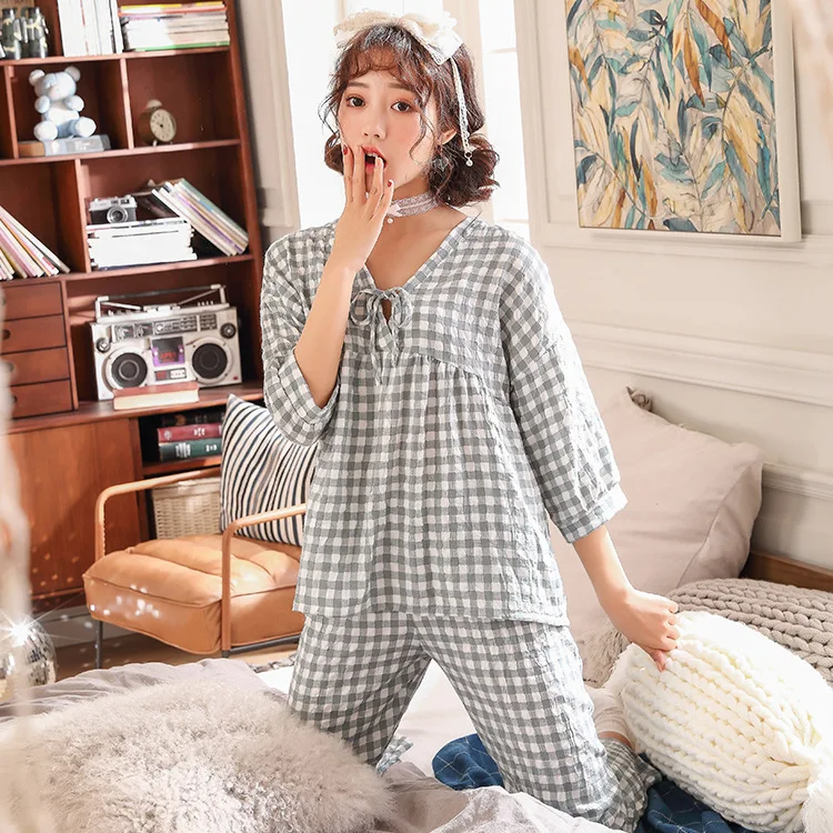 Spring and Autumn New Women's Pajamas Plaid V-neck Casual Simple Homewear Pijamas Women Pajamas for Women Sleep Tops Sleepwear