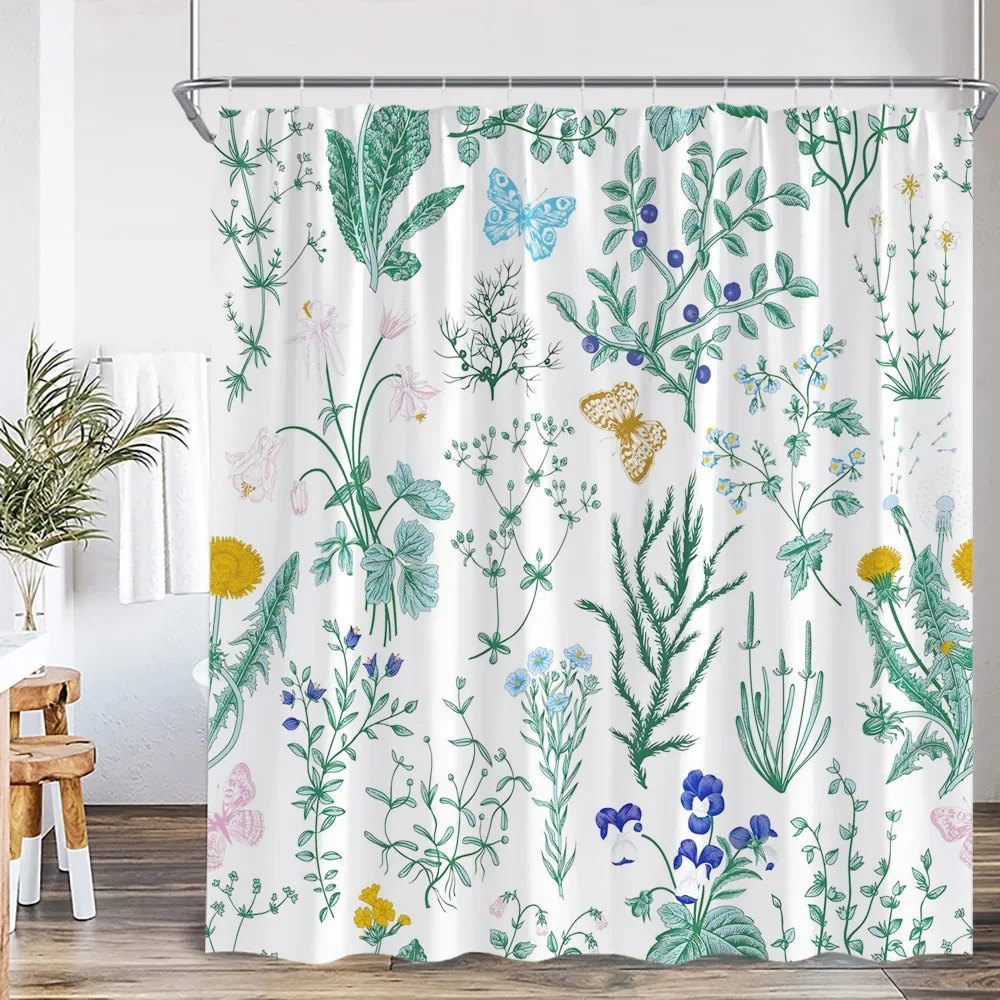 Vintage Botanical Plant Shower Curtain Sage Green Retro Leaf Herb Flower Butterfly Bathtub Home Decor Polyester Bathroom
