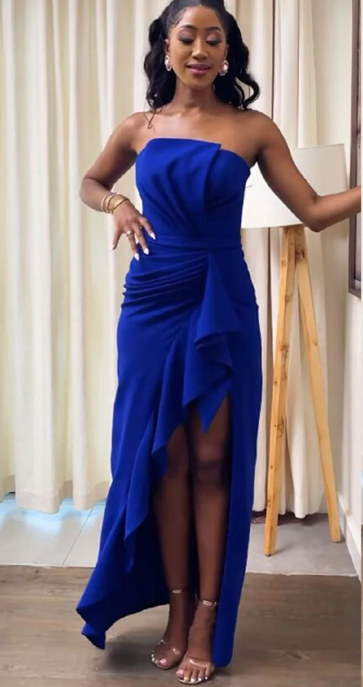 

Zoctuo женское синее вечернее платье без бретелек, новинка 2023, коктейльные платья с открытой спиной, сексуальное Плиссированное облегающее длинное платье с запахом и разрезом