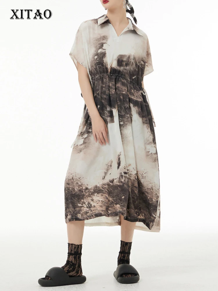 

XITAO Print Casual Dress Women Korea Summer New Arrival Personality Fashion Loose Turn-down Collar Short Sleeve Dress SMH1841