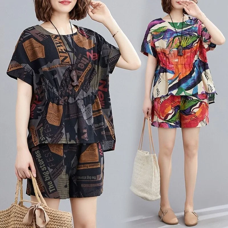 

2023 Summer 2 Pieces Suits Print Short Sleeve T-shirt Women Tops + Shorts Set Women Two Piece Set Tracksuit 5XL E74