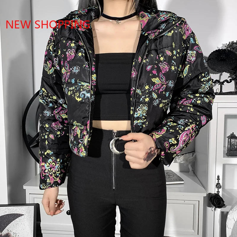 Gothic Y2K Vintage Floral Print Coat Harajuku Grunge Punk Long Sleeve Zipper Cropped Tops Women Autumn Winter Parkas Streetwear