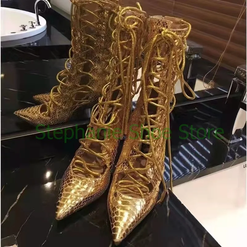 

Summer Women Zip Gold Hollow Pointed-toe Boots Sexy Lace up Stiletto High Heel Boots Ladies Nightclub Strappy Mid-calf Shoes