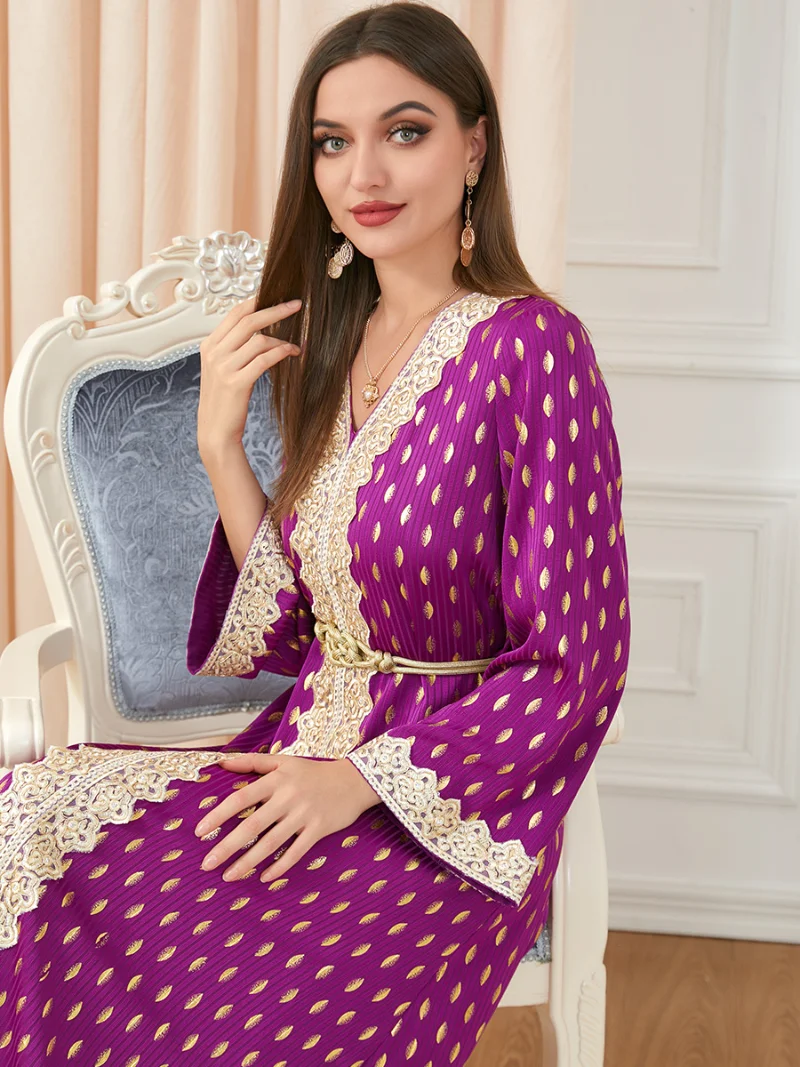 Caftan Marocain Embroidery Tape Trim Belted V-Neck Long Sleeve Evening Dress Women Long Dubai Bronzing Dot Abaya Ramadan New