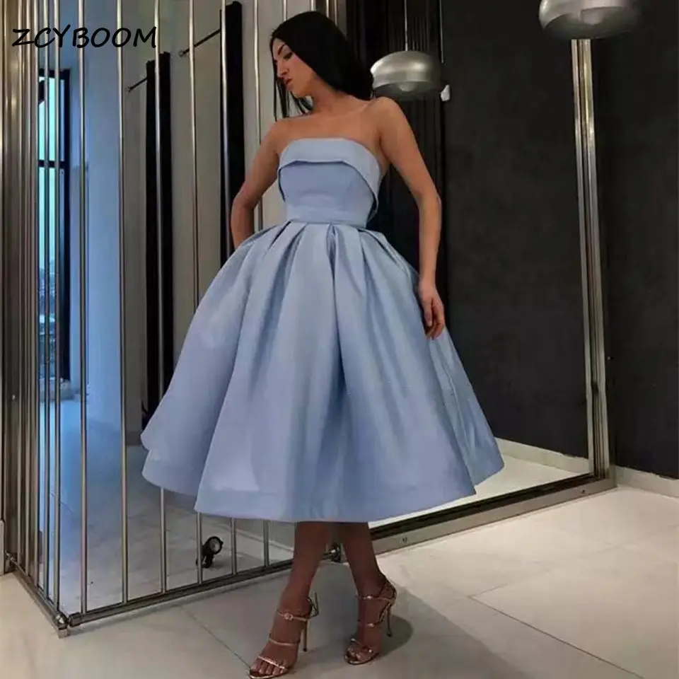 

Light Blue Knee Length Formal Evening Dresses 2023 Simple Strapless Satin A-Line Party Homecoming & Cocktail Prom Gown For Women