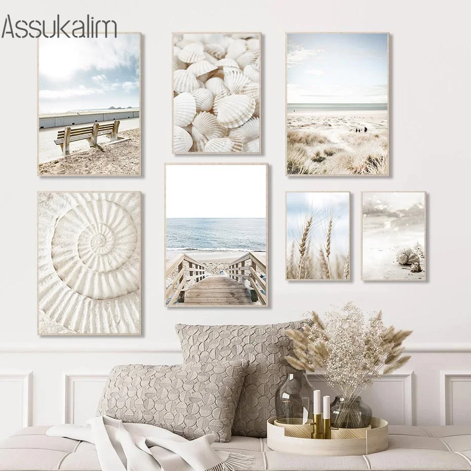 

Beach Art Prints White Shell Poster Blue Sea Canvas Painting Natural Scenery Wall Posters Nordic Wall Pictures Living Room Decor
