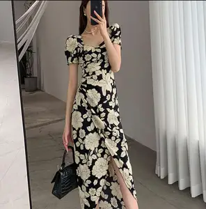 French Slit Slim Waist Square Neck Puff Short Sleeve Chiffon Dress Women's High-End Design Summer Floral Holiday Dresses s376
