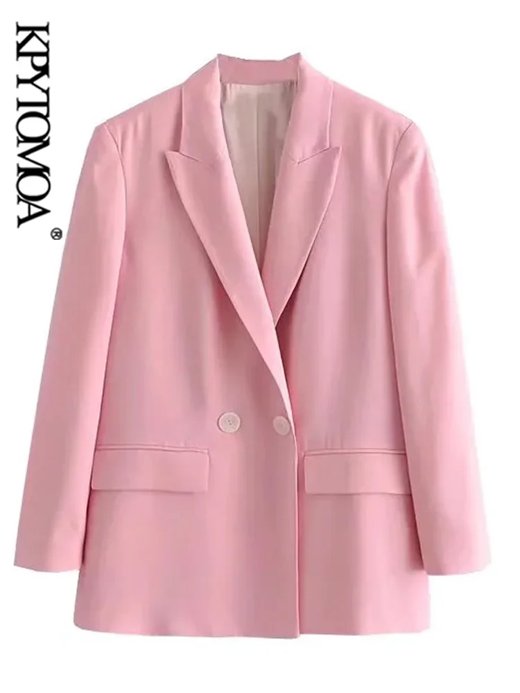 

KPYTOMOA Women Fashion Double Breasted Blazer Coat Vintage Long Sleeve Flap Pockets Female Outerwear Chic Veste Femme