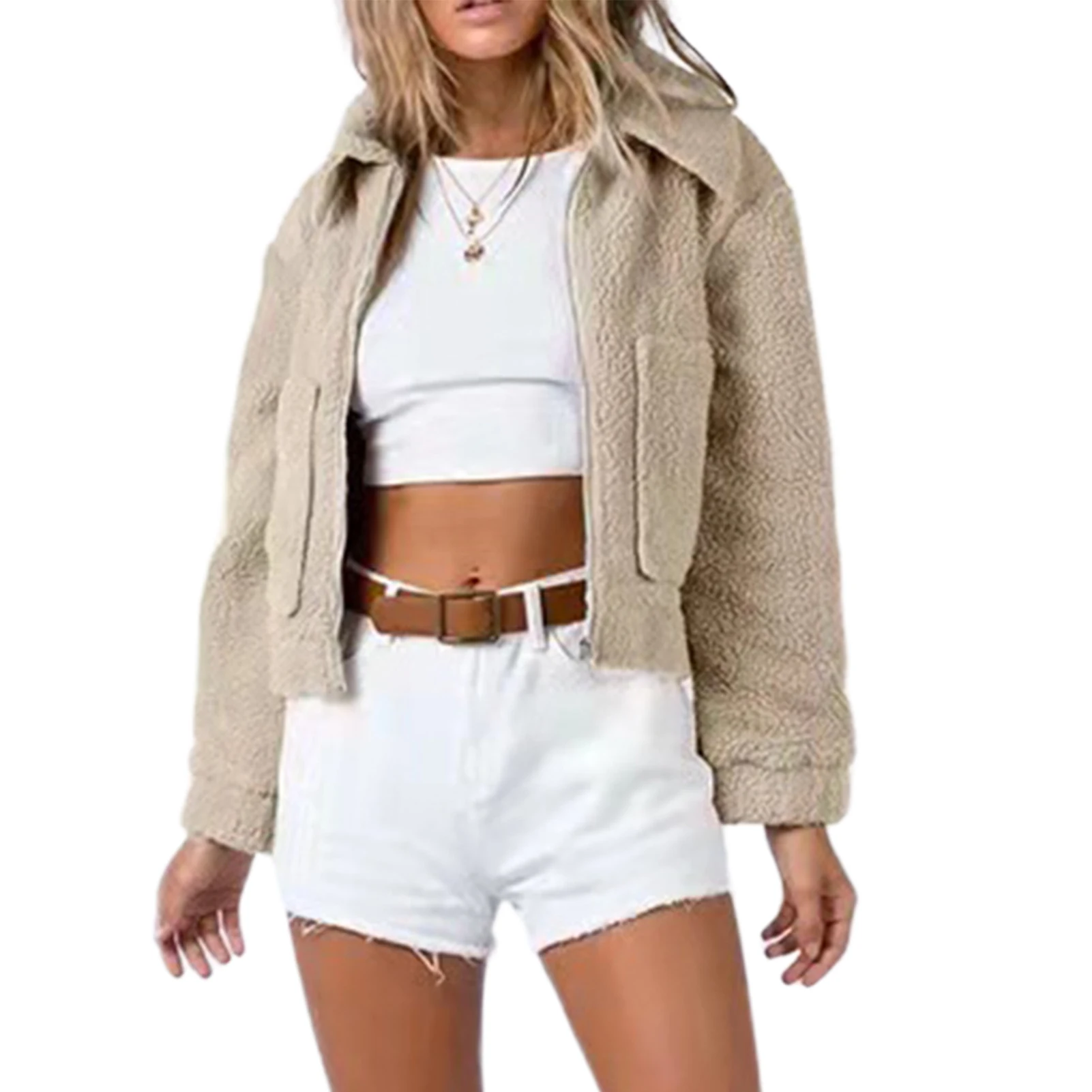 

Women Oversized Jacket Lapel Collar Ladies Long Sleeve Jacket Zip Up Fleece Warm Coat 2 Pockets Solid Color Casual Daily Outfit