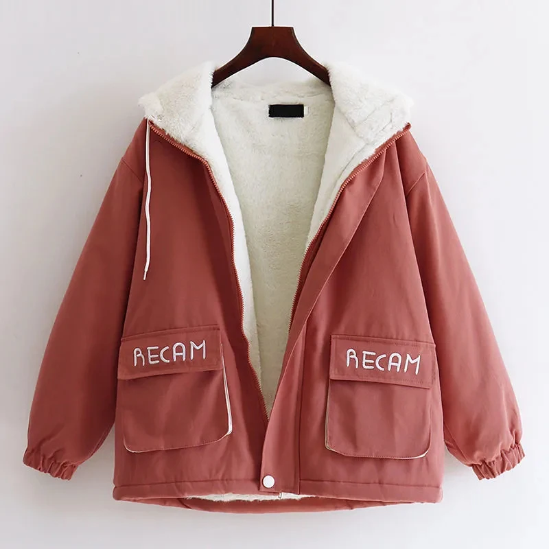 Women Korean Harajuku Hooded Loose Warm Coats Autumn Winter Plus Velvet Thickening Tooling Jackets Pocket Letter Printing Coat