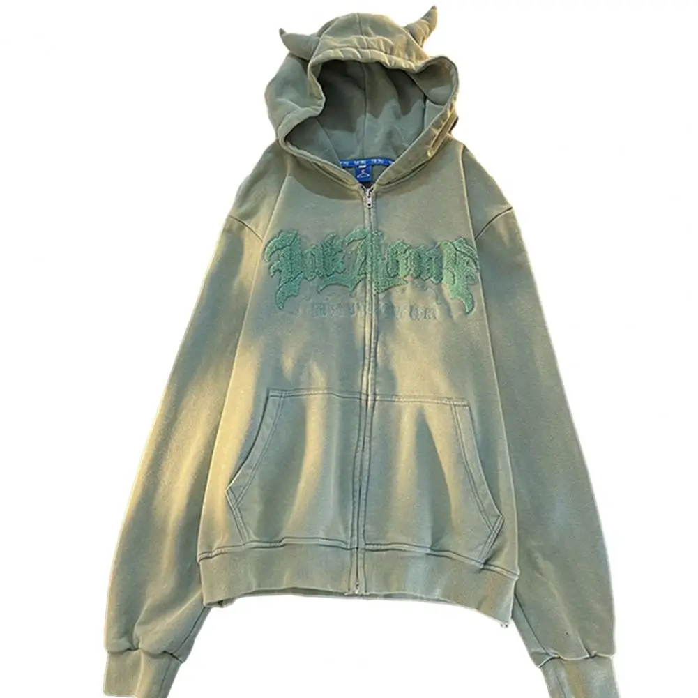 

Cardigan Coat Stylish Women's Mid Length Jacket with Hood Warm Cozy Zipper Closure Letter Pattern Elastic Cuff Pockets Women