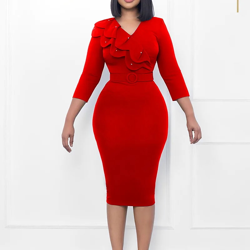 

Элегантное женское вечернее платье с двухслойным воротником и бисером, облегающие платья с рукавом 3/4 и V-образным вырезом, приталенное плат...