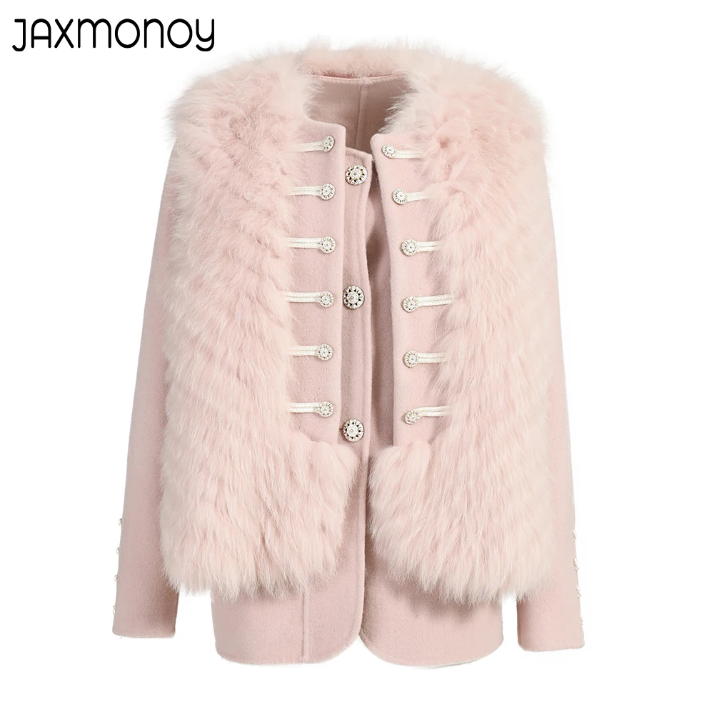 

Jaxmonoy Women's Cashmere Coat 2022 Autumn Winter New Style Ladies Real Fox Fur Vest and Wool Jacket 2-Pieces Set Fashion Design