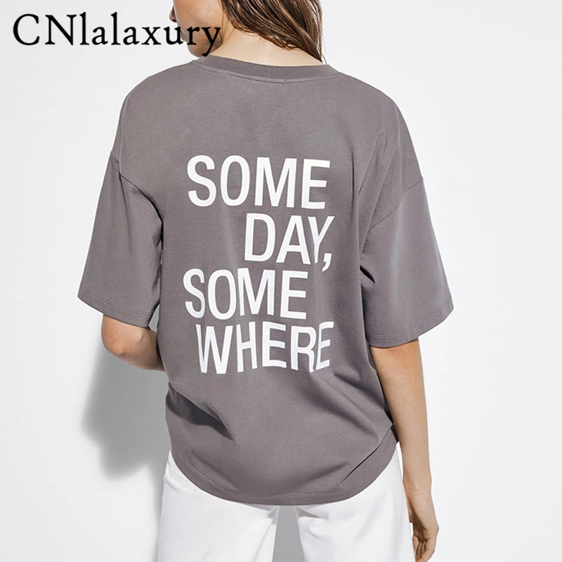 

CNlalaxury 2022 New Summer Women Round Neck Short Sleeve Letter Print T-Shirt Chic Female Loose Blouses Simple Lady Shirt Tops