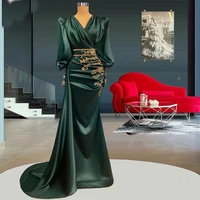 green prom dresses long sleeve v neck mermaid lace appliques floor length evening gowns