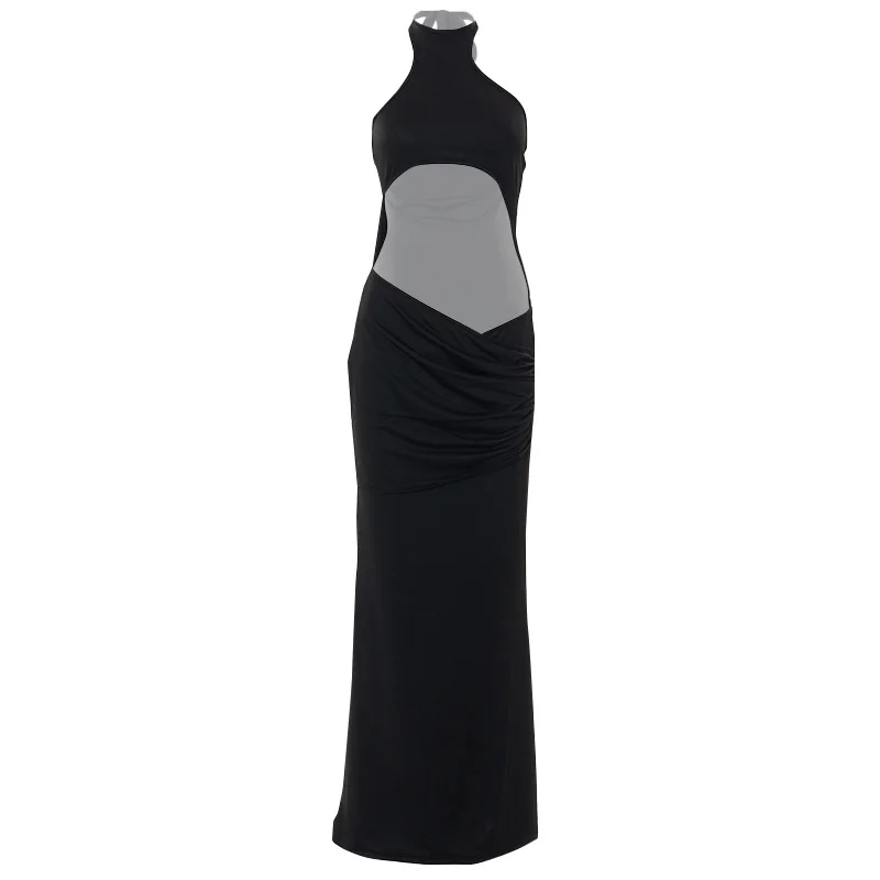 

Sexy women's summer new halter neck tie open back hollow out navel high waist pullover long one-step dress free shipping