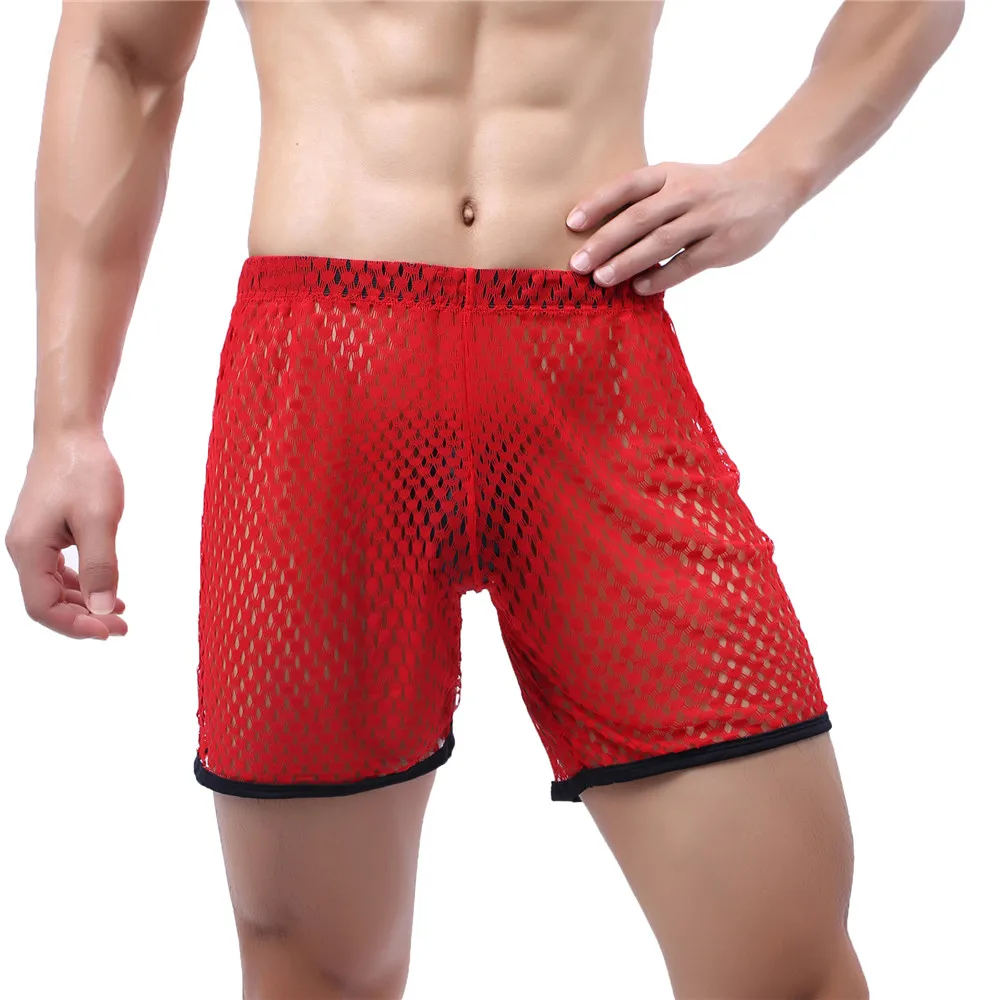 FYXLJJ Men's Sexy Sleepwear Boxers Fishnet Mesh Loose Boxer Hollow Out See Through Men Pajamas Long Leg Boxershorts Sleep Bottom