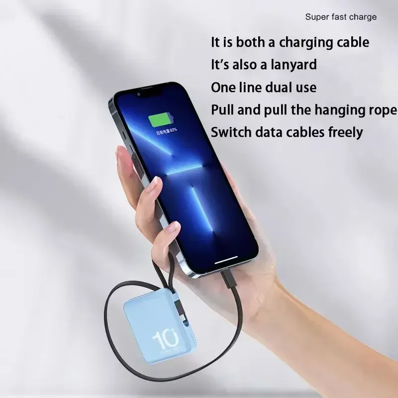 Фото Мини-Power Bank Встроенный шнур Портативный микрокомпактный внешний аккумулятор 10000 мАч Быстрая зарядка Внешний аккумулятор Аксессуары для мобильных телефонов №4