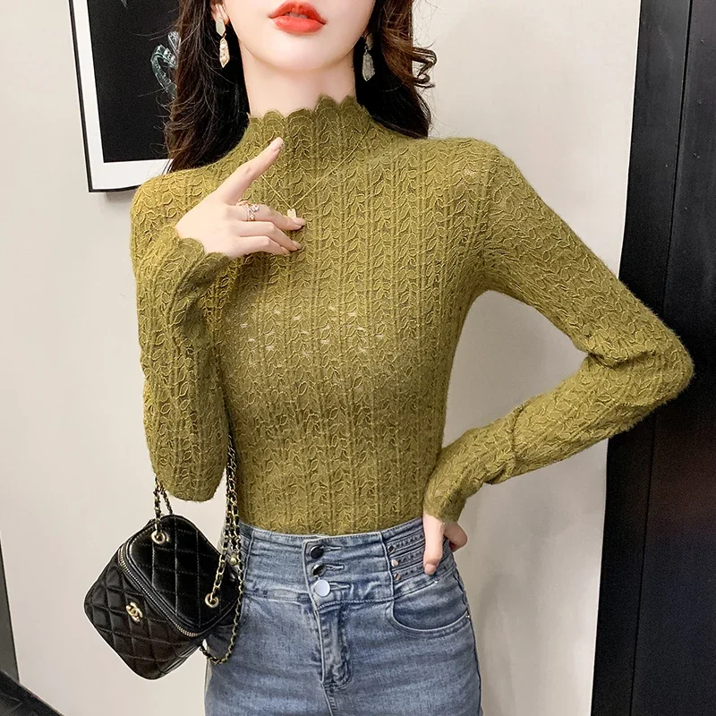 Fashion Long Sleeve Women Blouse Mock Neck Lace Shirt Tops Camisas Blusas De Mujer Para M670