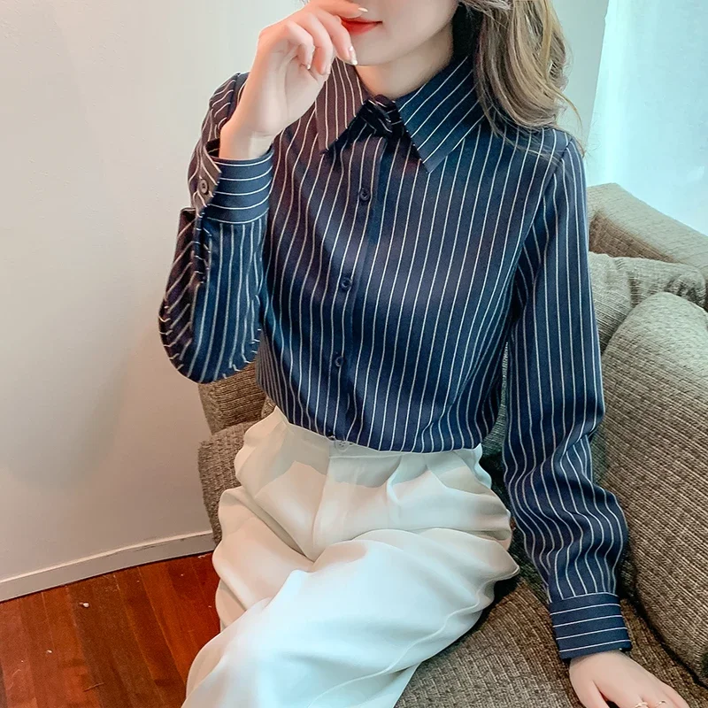 Новая женская рубашка с длинным рукавом в полоску отложным воротником шифоновая