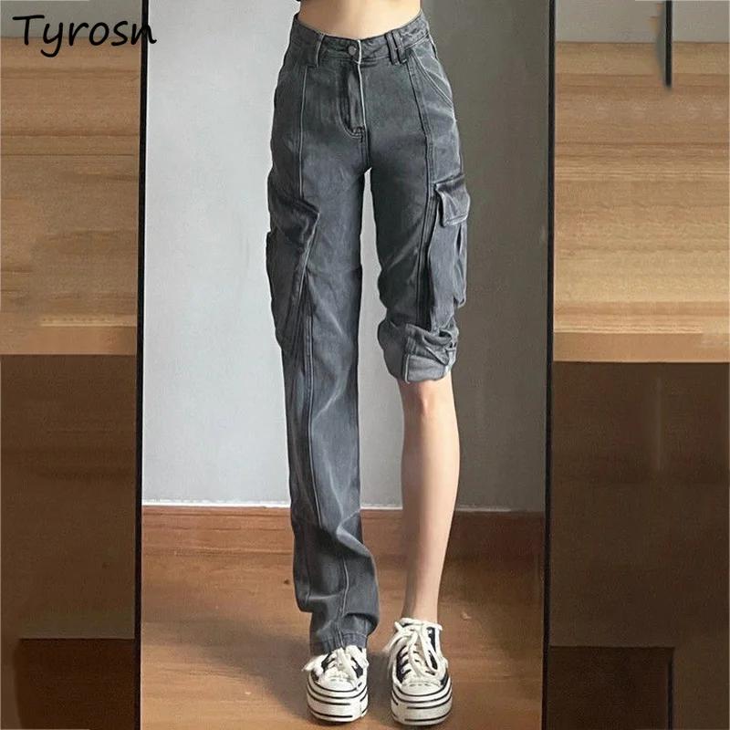 

Jeans Women Vintage Hip Hop Multi-pockets BF Harajuku Denim Straight Trousers Mopping Washed High Waist Tooling Streetwear Chic