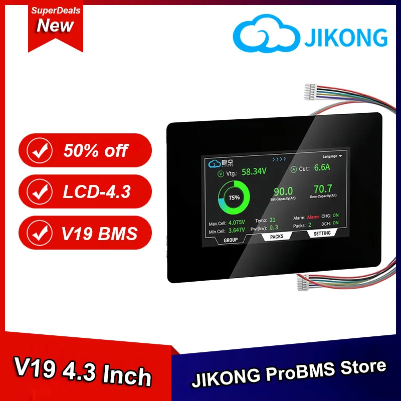 Фото Дисплей JIKONG 4.3 дюйма LCD TFT с сенсорным экраном для V19 JKBMS Smart BMS 9-36V, мультиязычный монитор заряда батареи 4.3 LCD №1