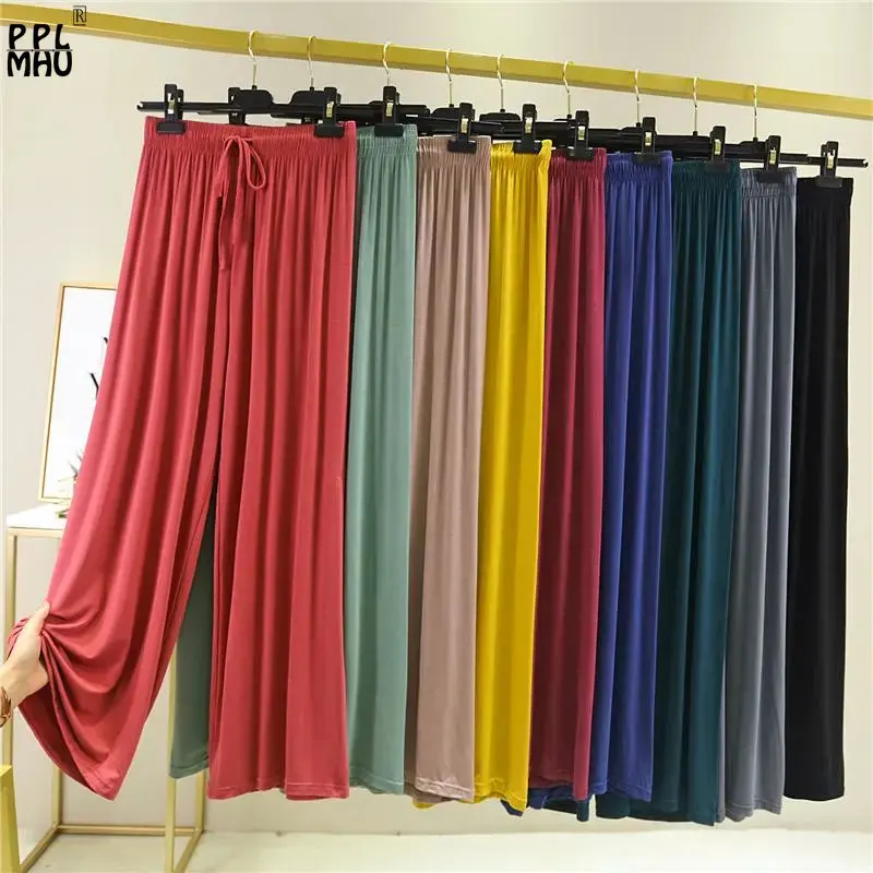 Casual Elastic High Waist Straight Leg Pants Summer Classic Solid Trousers Women Cute Candy Color Loose Wide Leg Pants Girl
