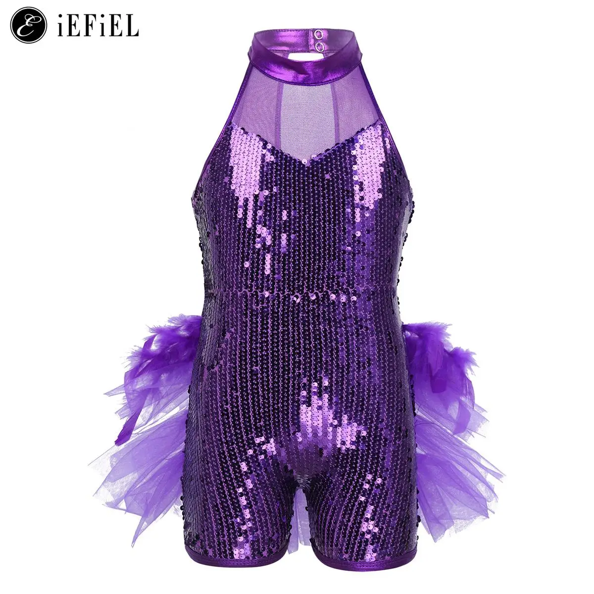 

Kids Girls Shiny Sequins Mock Neck Keyhole Back Hip Hop Latin Jazz Dance Leotard Jumpsuit Stage Performance Dancewear Costume