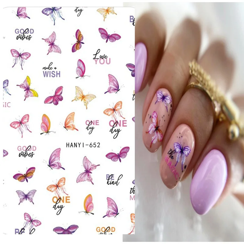 

3D Back Glue Nail Stickers Blue Purple Butterfly Nail Manicur Floral Adhesive Transfer Decals Slider Nail Art Decoration