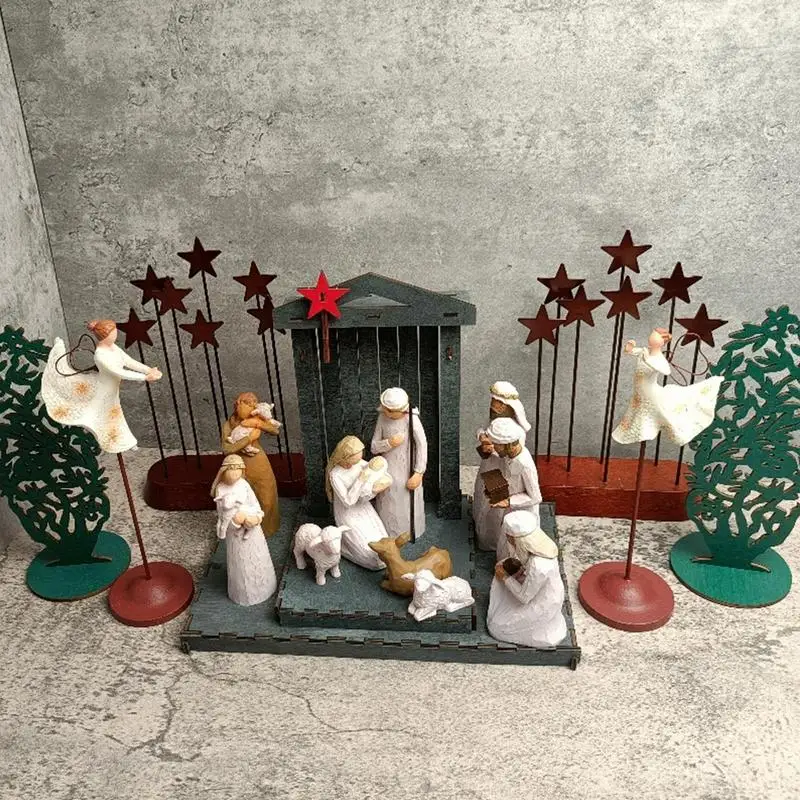

17pcs Nativity Set Engraved Hand Painted Doll Art Nativity Collection Decorative Statue Desk Decoration Home Christmas Gift