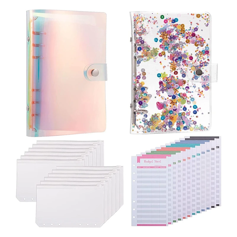 

2 Pack A6 PVC Budget Binder Cover 6 Ring PVC Notebook Cover With 12 Clear Zipper Envelopes+ 12 Loose Leaf Budget Sheet