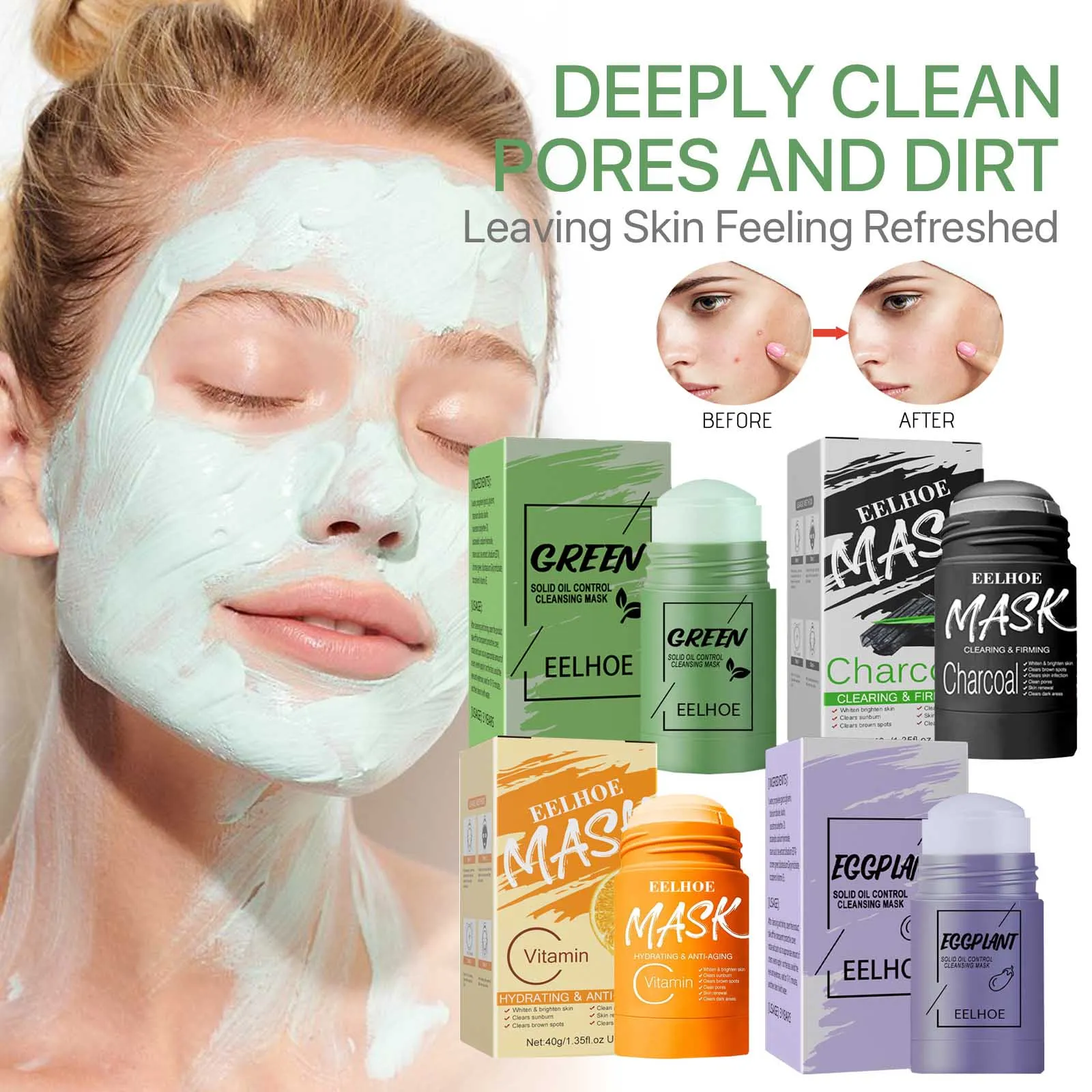 

Green Tea Mask Solid Face Mask Stick Oil Control Moisturizing Cleaning Mask Acne Treatment Blackhead Remove Pores Purifying 40g