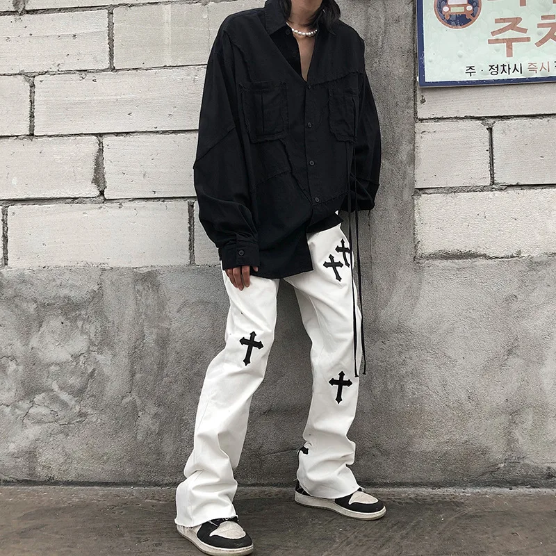 Streetwear Vintage Jeans Men's Jeans Summer Fashion Loose Cross Jeans Men's Mid-Waist Denim Bell-Bottom Pants Trousers