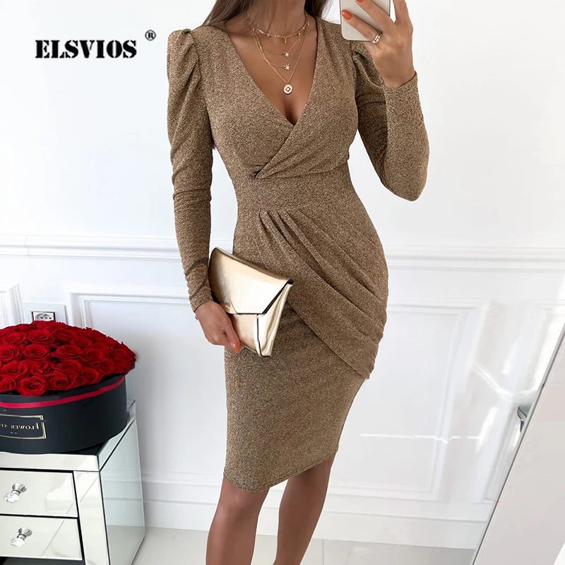 

Женское асимметричное платье с V-образным вырезом и длинным рукавом