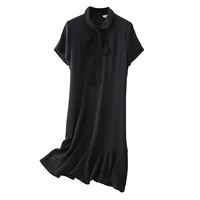 100 natural silk summer dress for women vestidos de mujer preppy style knee length peter pan collar bow a line short sleeve