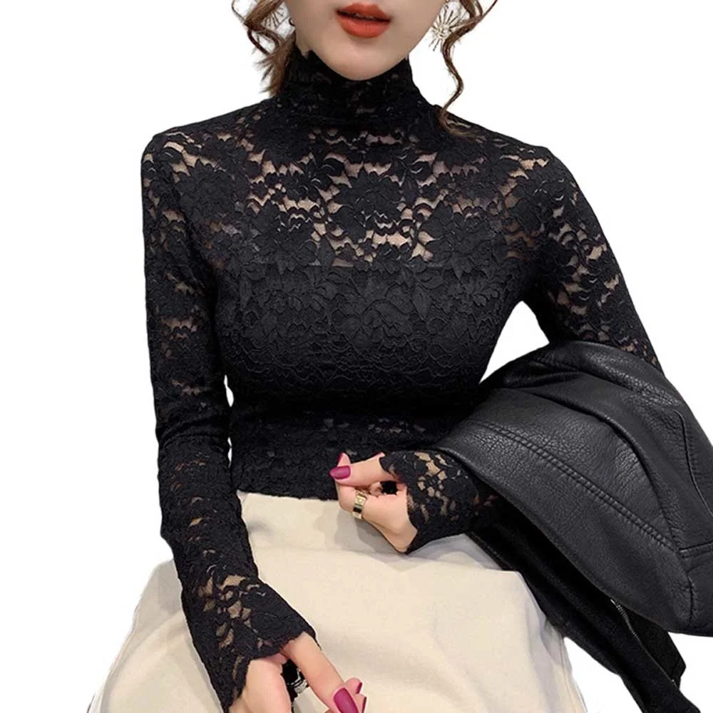 

2023 Autumn Women Thin Black Lace T shirt Sexy Turtleneck Long Sleeve Slim Lace Crochet Patchwork Tee Tops WDC6074