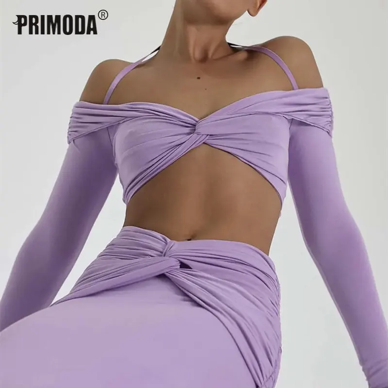 

Комплект из 2 предметов, сексуальный женский фиолетовый укороченный топ с длинным рукавом и юбка миди, осенние женские комплекты, вечерняя Сексуальная Женская Клубная одежда с разрезом PR1238G