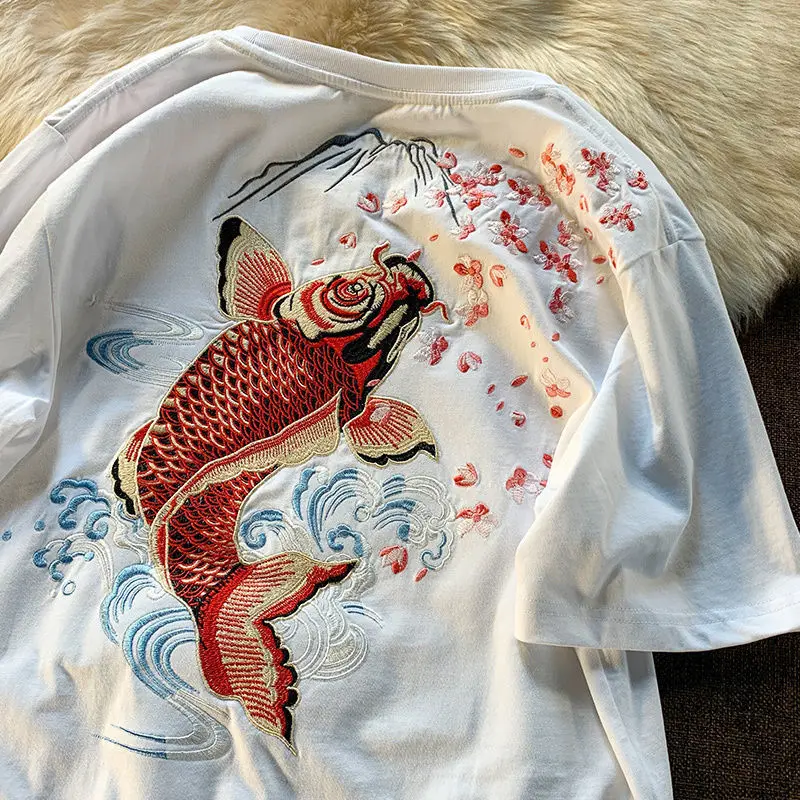 

Carp Embroidery Boho White Chinese Styleops Short Sleeve T-shirt Women Couple Loose Ethnic Style 2022 Summer Streetwear Tshirts