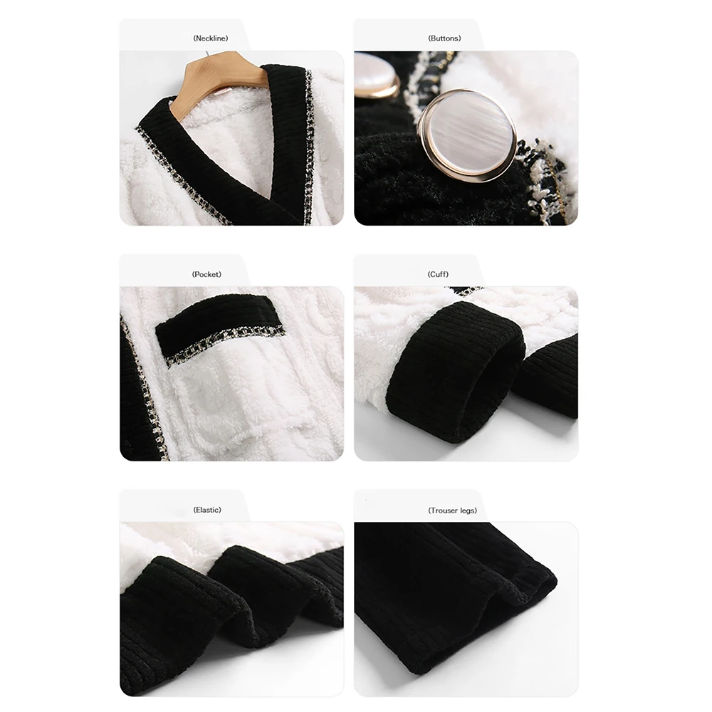 Sweet Princess Pajama Sets for Women Winter Warm Thick Flannel Sleepwear Trendy Patchwork V Neck Pjamas Casual Pijama Loungewear