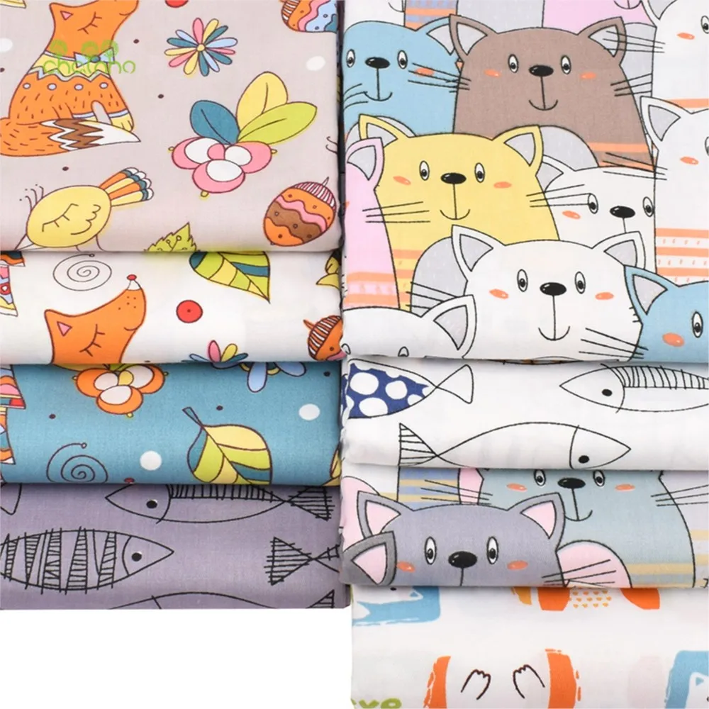 Chainho,Printed Twill Cotton Fabric,Patchwork Cloth,DIY Quilting & Sewing Material,Cat,Fox & Fishes Series,8 Designs,3 Sizes images - 6