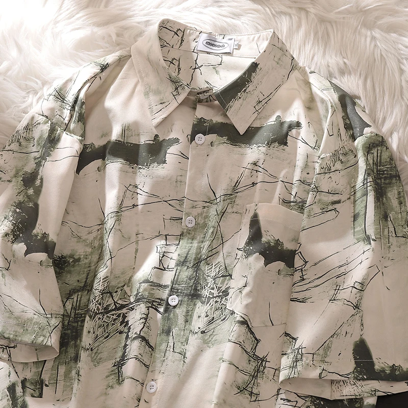 Chinese Sle Artistic Graffiti Short sleeve Shirts Women 2024 New Fashion Brand Loose Casual Couple Drape Half Sleeve Shirt |